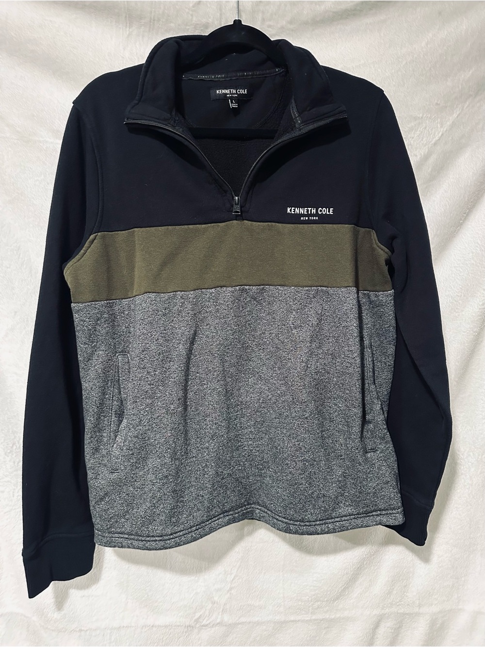 Kenneth Cole Men’s Zip-Up Colorblock Sweater - Black/Olive/Gray